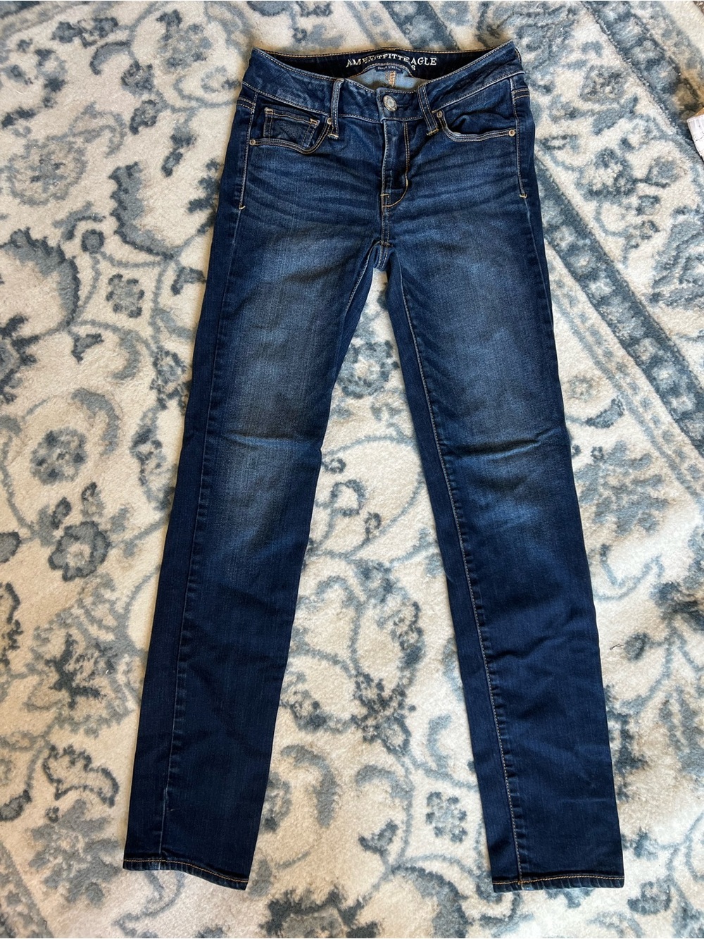American Eagle Outfitters Dark Blue Skinny Jeans with Tan Stitching